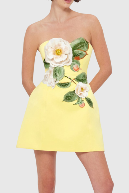Mimoza Floral Appliqué Strapless Mini Dress - Yellow