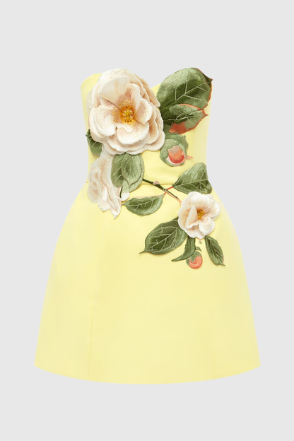 Mimoza Floral Appliqué Strapless Mini Dress - Yellow