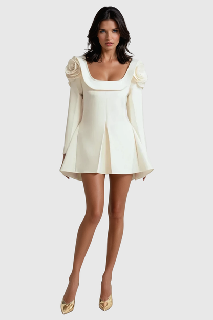 Mirela Floral Appliqué Square Neckline Mini Dress