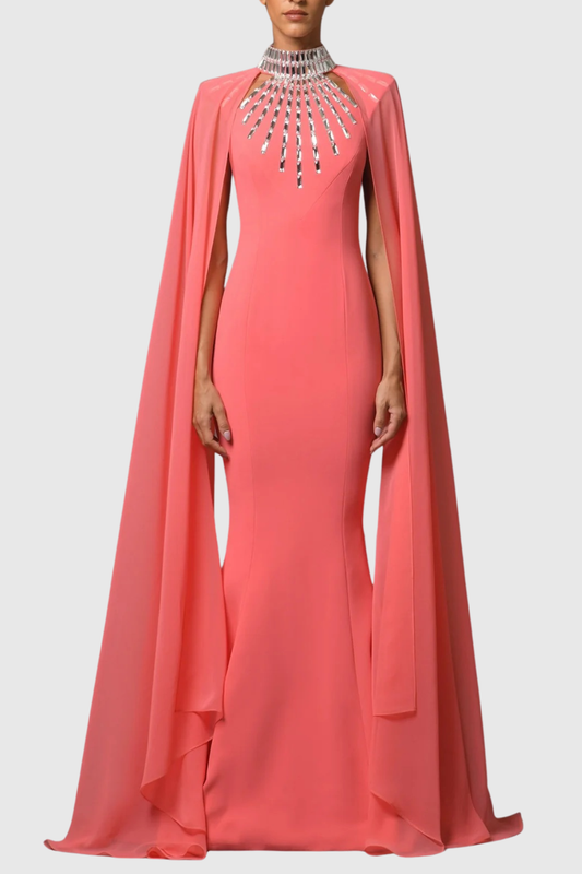 Mirren Crystal Cape Sleeve Maxi Dress