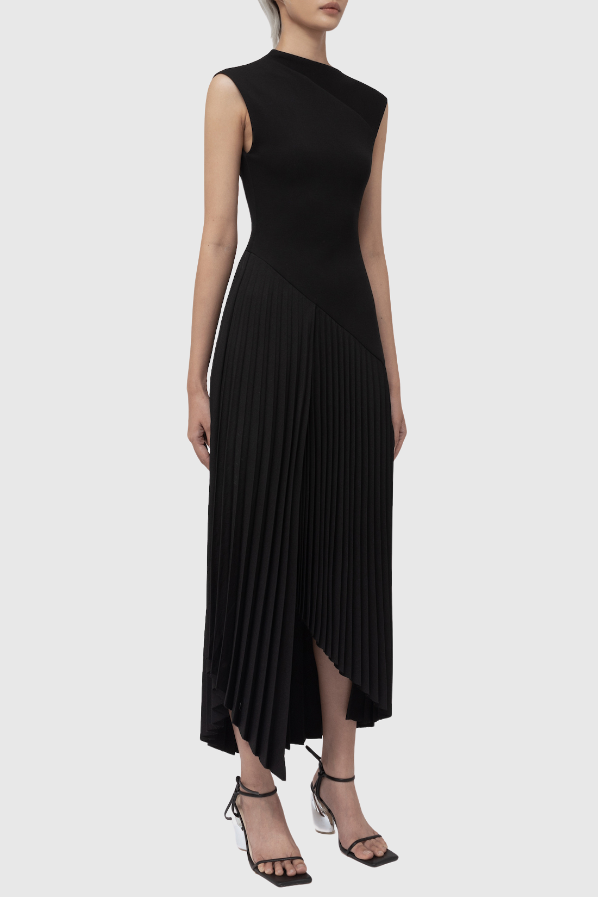 Misa Sleeveless Asymmetric Pleated Midi Dress - Black