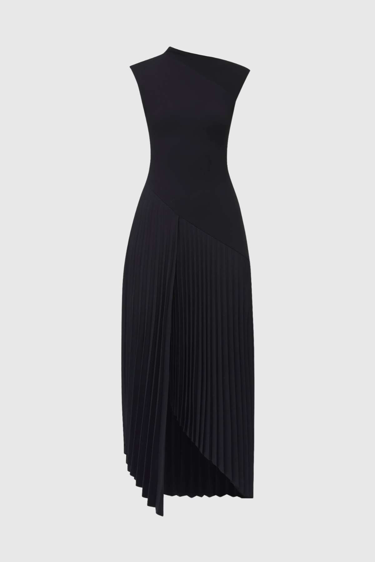 Misa Sleeveless Asymmetric Pleated Midi Dress - Black