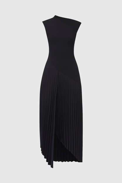Misa Sleeveless Asymmetric Pleated Midi Dress - Black