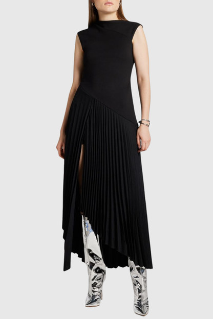Misa Sleeveless Asymmetric Pleated Midi Dress - Black