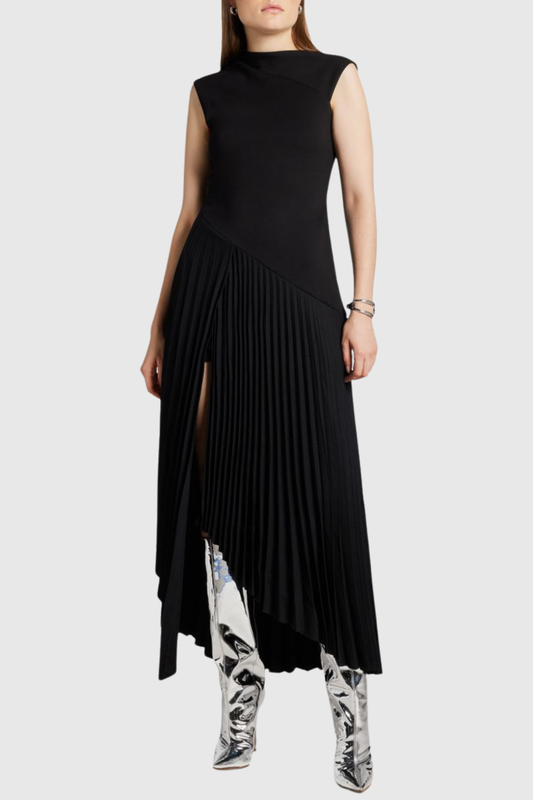 Misa Sleeveless Asymmetric Pleated Midi Dress - Black