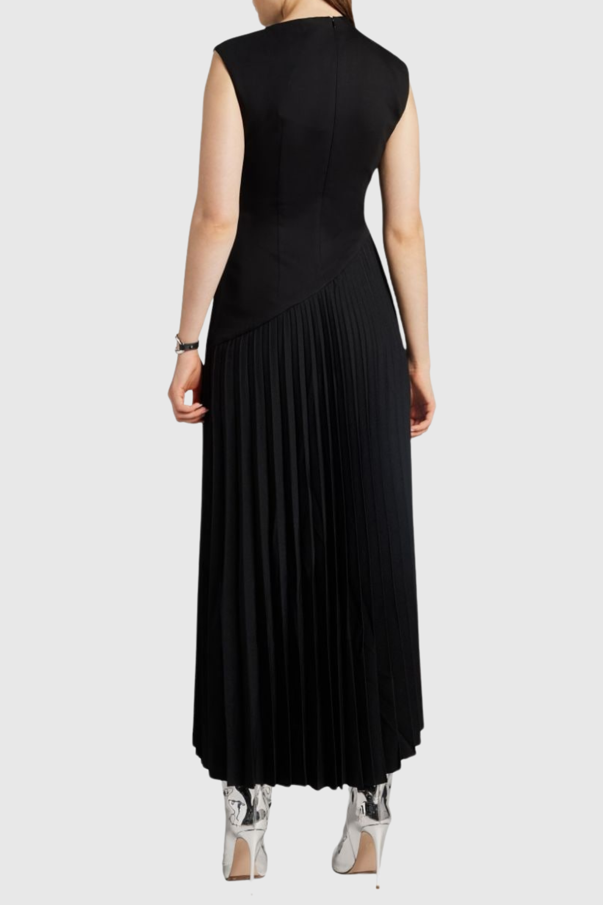Misa Sleeveless Asymmetric Pleated Midi Dress - Black