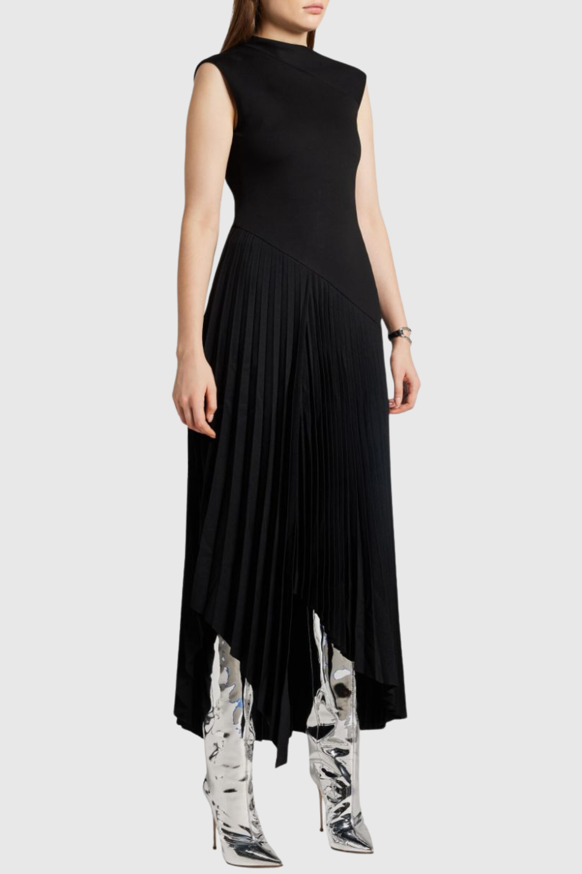 Misa Sleeveless Asymmetric Pleated Midi Dress - Black