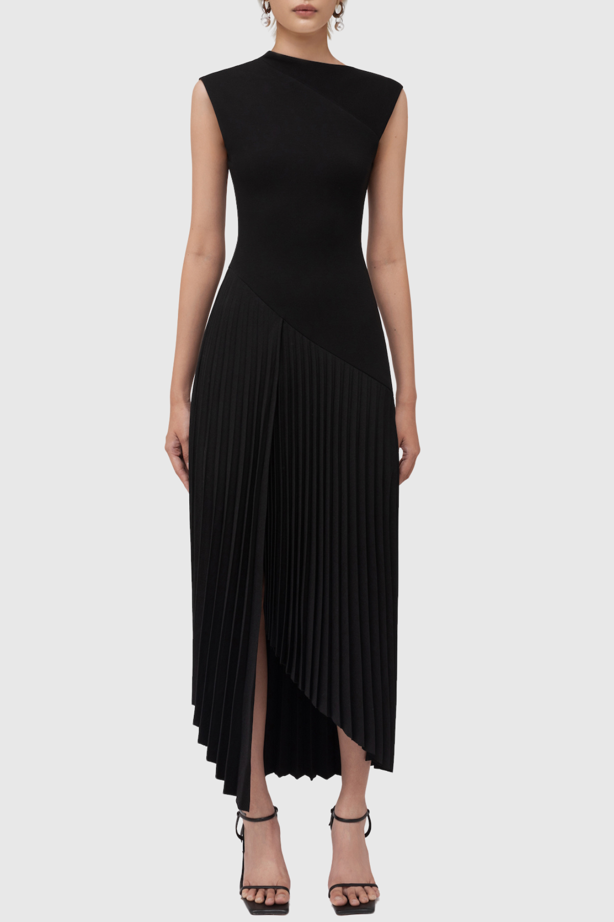 Misa Sleeveless Asymmetric Pleated Midi Dress - Black