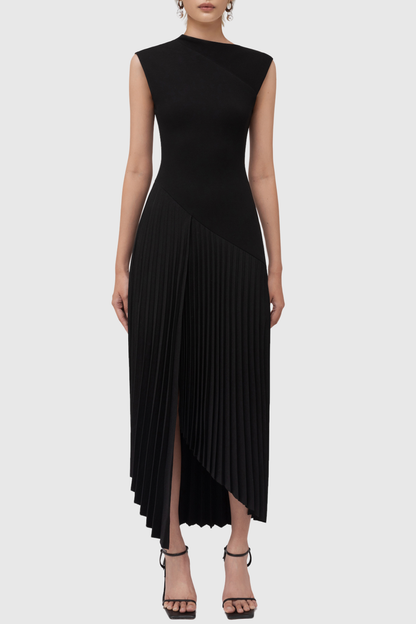 Misa Sleeveless Asymmetric Pleated Midi Dress - Black