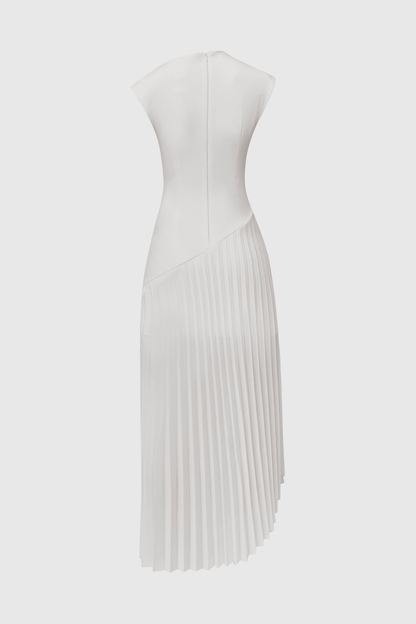 Misa Sleeveless Asymmetric Pleated Midi Dress - White