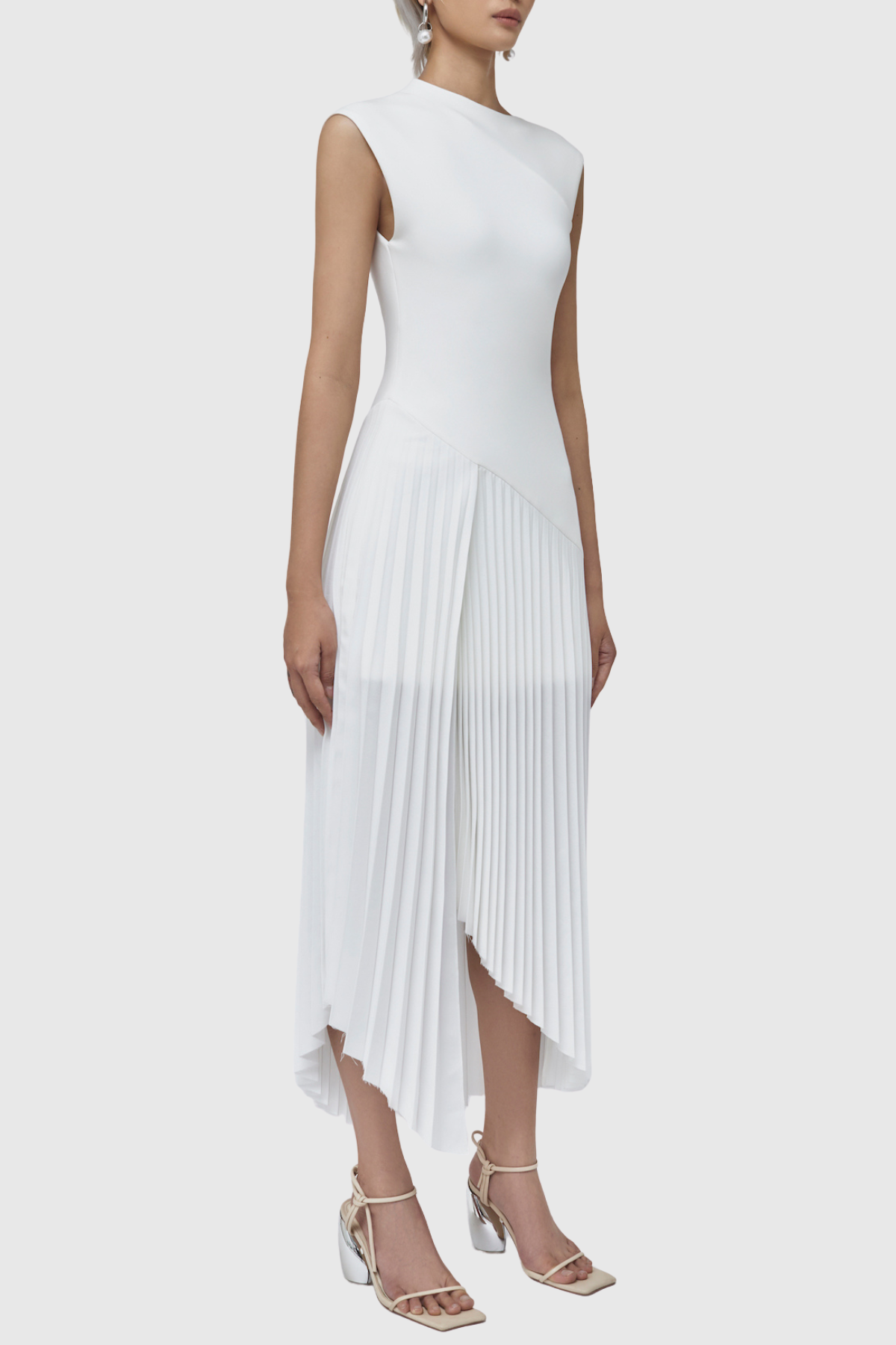 Misa Sleeveless Asymmetric Pleated Midi Dress - White