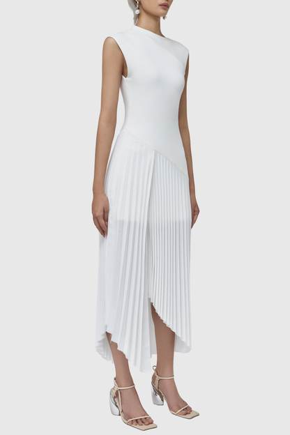 Misa Sleeveless Asymmetric Pleated Midi Dress - White