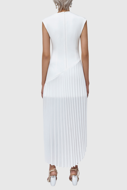 Misa Sleeveless Asymmetric Pleated Midi Dress - White