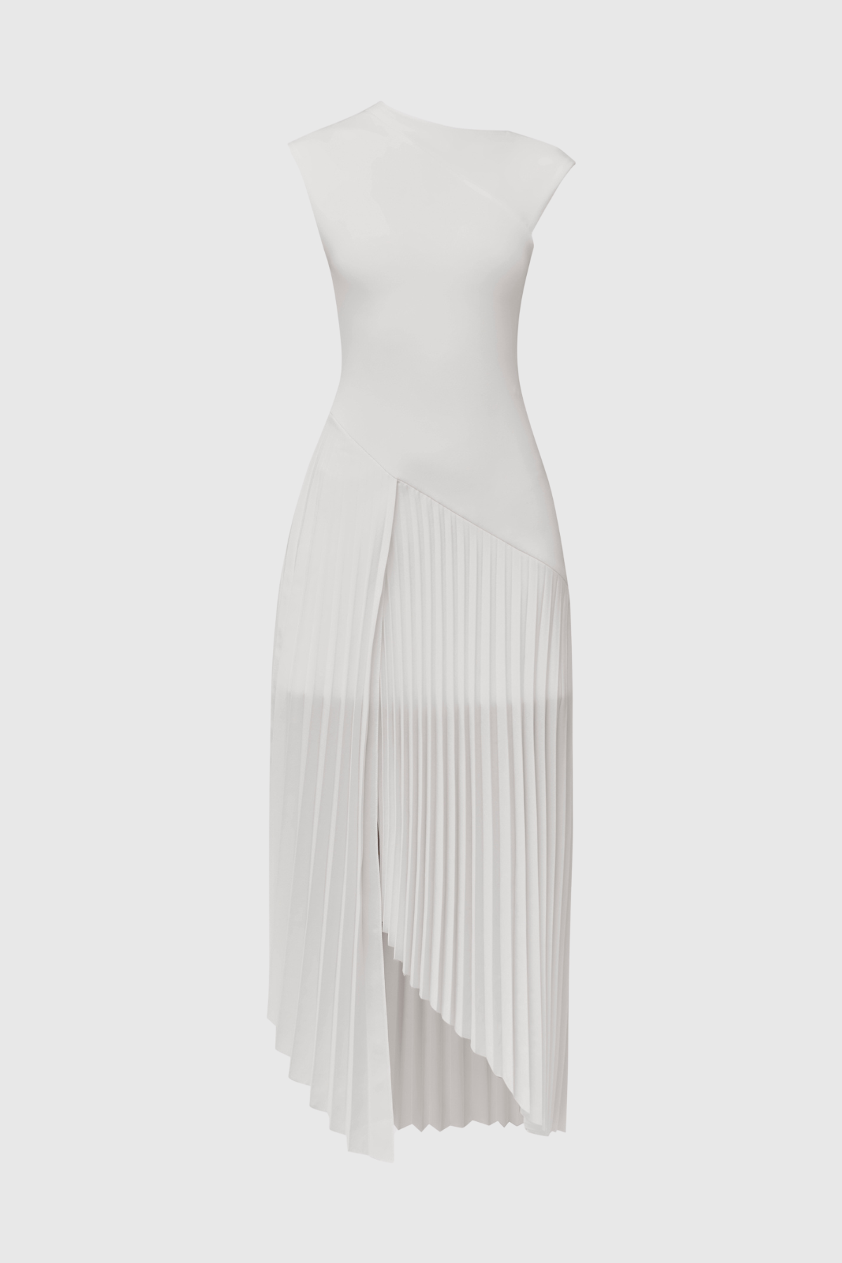Misa Sleeveless Asymmetric Pleated Midi Dress - White