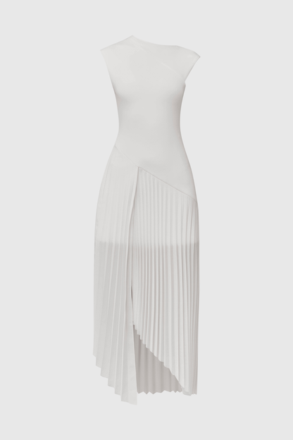 Misa Sleeveless Asymmetric Pleated Midi Dress - White