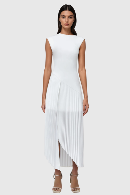 Misa Sleeveless Asymmetric Pleated Midi Dress - White