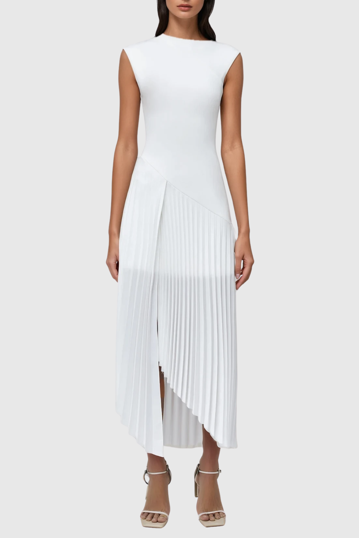 Misa Sleeveless Asymmetric Pleated Midi Dress - White