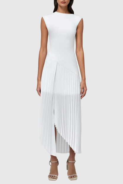 Misa Sleeveless Asymmetric Pleated Midi Dress - White