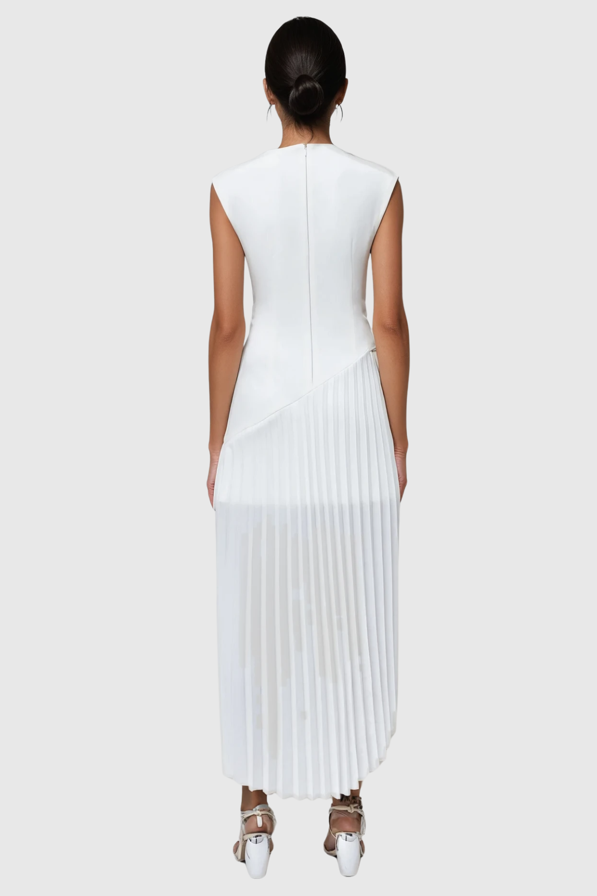 Misa Sleeveless Asymmetric Pleated Midi Dress - White