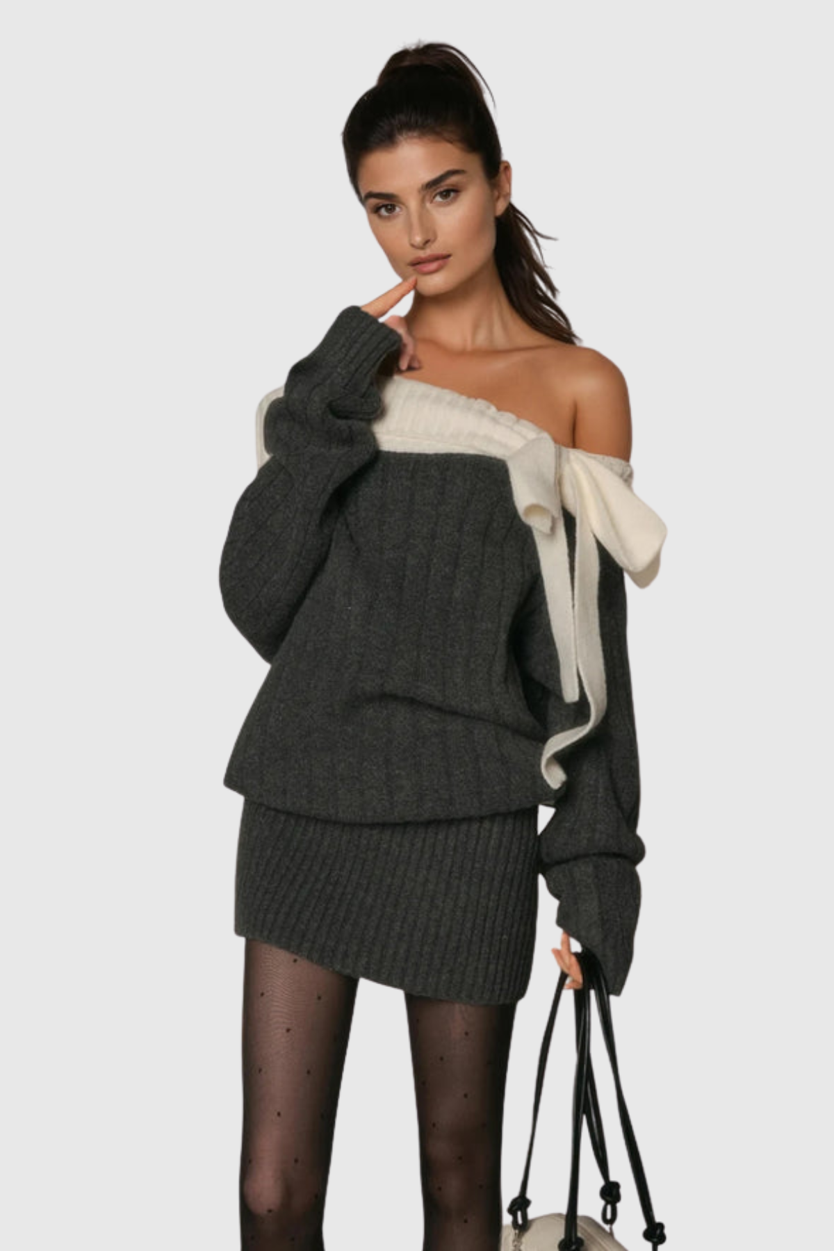 Misael Off Shoulder Bow Knit Mini Dress - Grey