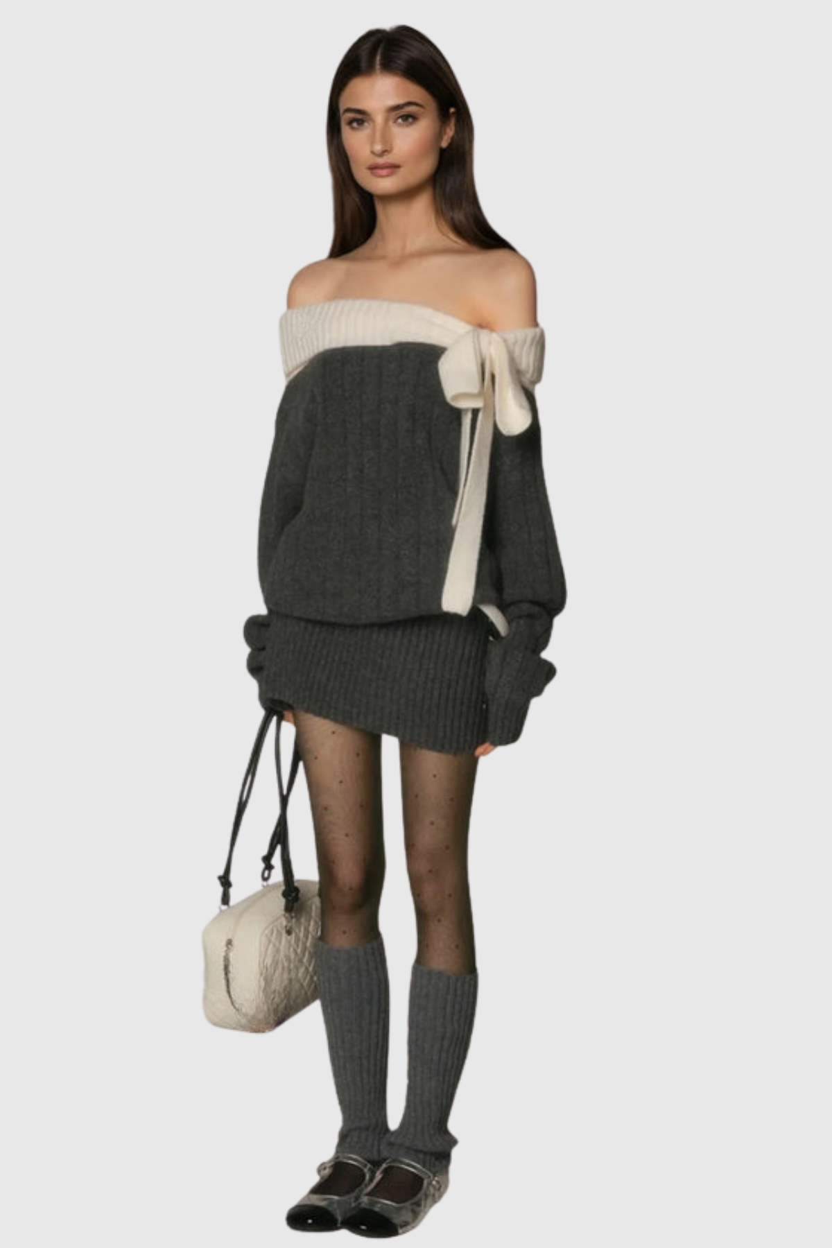 Misael Off Shoulder Bow Knit Mini Dress - Grey