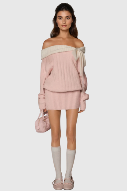 Misael Off Shoulder Bow Knit Mini Dress - Pink