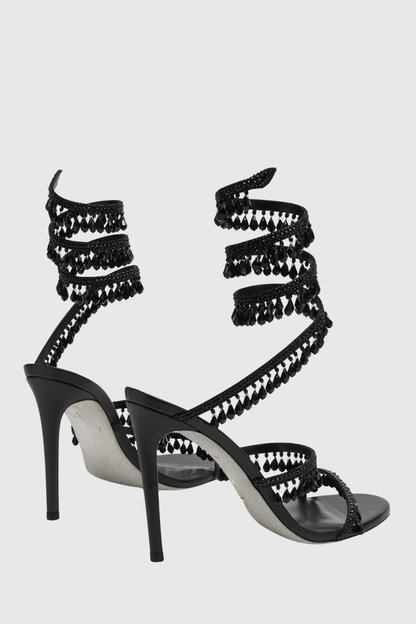 Mistya Rhinestone Ankle Wrap Heel Sandals - Black