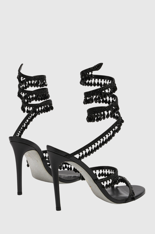 Mistya Rhinestone Ankle Wrap Heel Sandals - Black