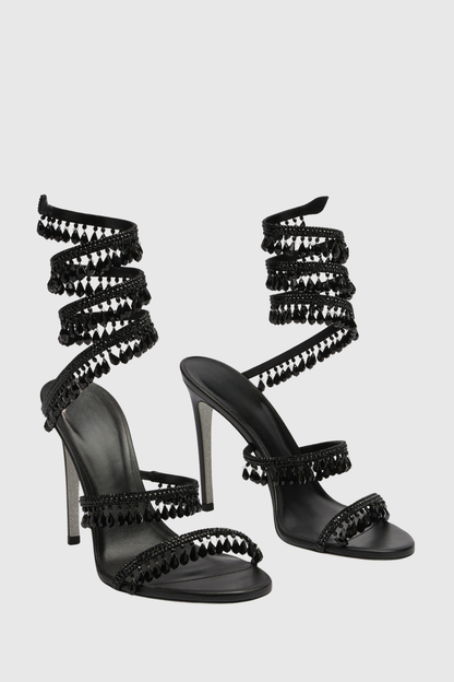 Mistya Rhinestone Ankle Wrap Heel Sandals - Black