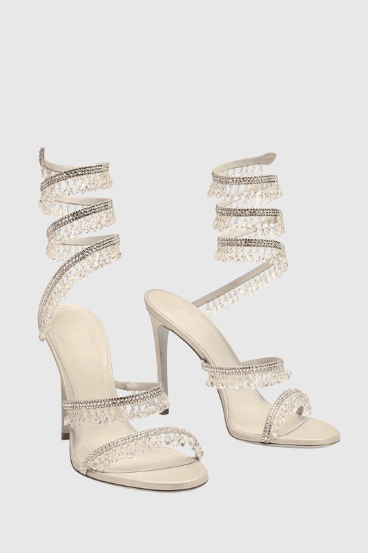 Mistya Rhinestone Ankle Wrap Heel Sandals - Champagne