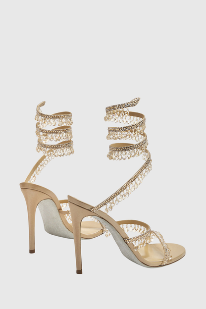 Mistya Rhinestone Ankle Wrap Heel Sandals - Gold