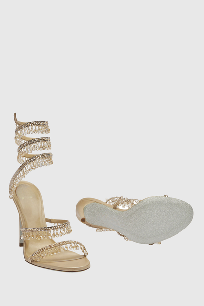 Mistya Rhinestone Ankle Wrap Heel Sandals - Gold