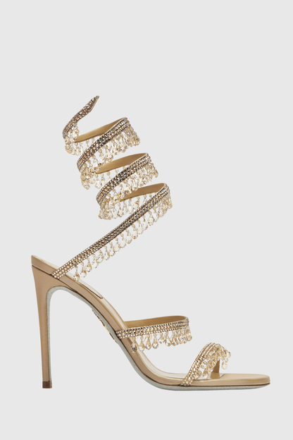 Mistya Rhinestone Ankle Wrap Heel Sandals - Gold