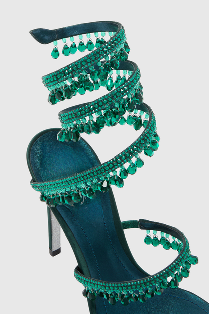Mistya Rhinestone Ankle Wrap Heel Sandals - Green
