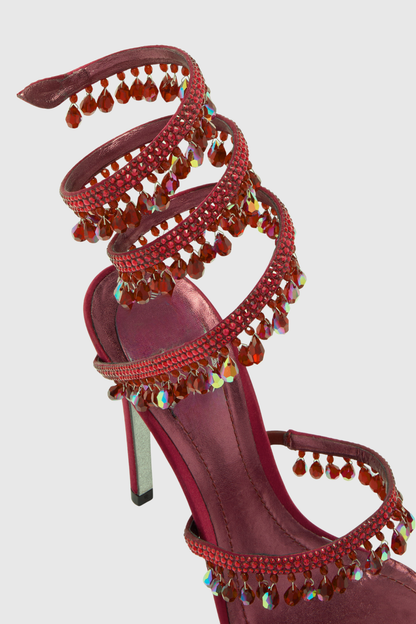 Mistya Rhinestone Ankle Wrap Heel Sandals - Red