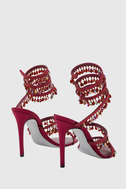 Mistya Rhinestone Ankle Wrap Heel Sandals - Red