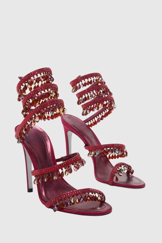Mistya Rhinestone Ankle Wrap Heel Sandals - Red