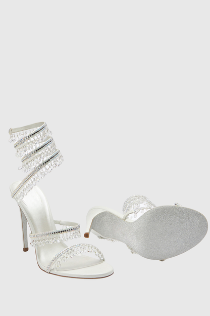 Mistya Rhinestone Ankle Wrap Heel Sandals - White