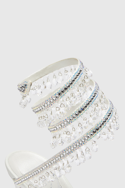 Mistya Rhinestone Ankle Wrap Heel Sandals - White
