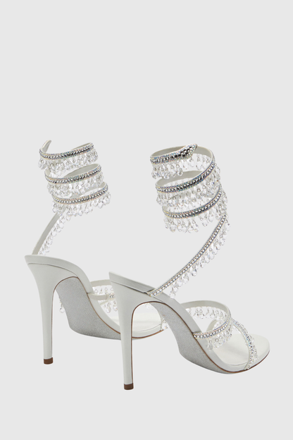 Mistya Rhinestone Ankle Wrap Heel Sandals - White