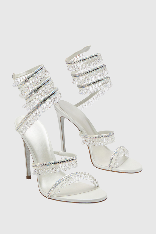 Mistya Rhinestone Ankle Wrap Heel Sandals - White