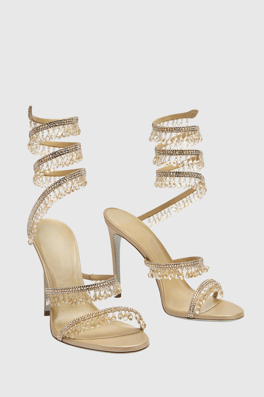 Mistya Rhinestone Ankle Wrap Heel Sandals - Gold
