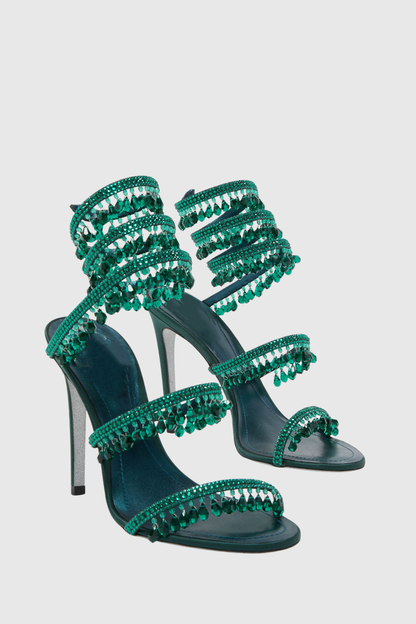Mistya Rhinestone Ankle Wrap Heel Sandals - Green