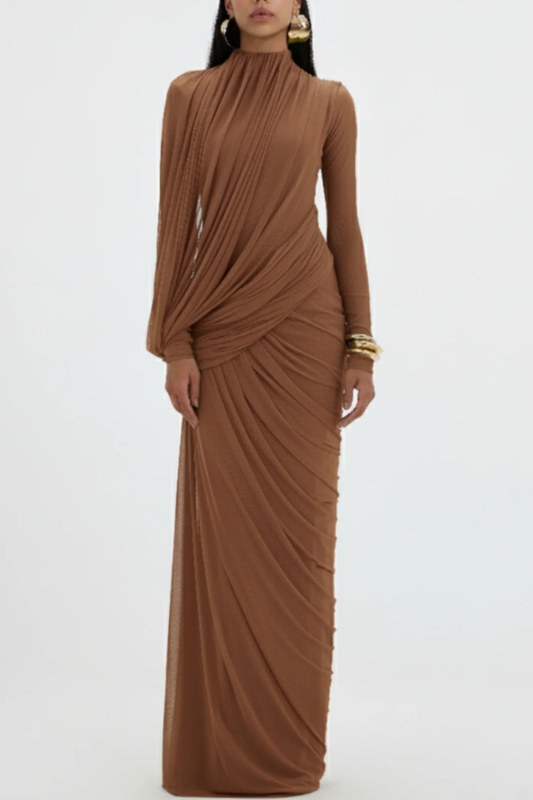 Miyako Asymmetric Ruched Maxi Dress - Brown