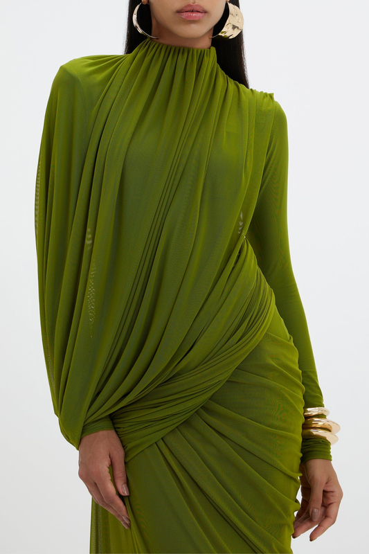 Miyako Asymmetric Ruched Maxi Dress - Green