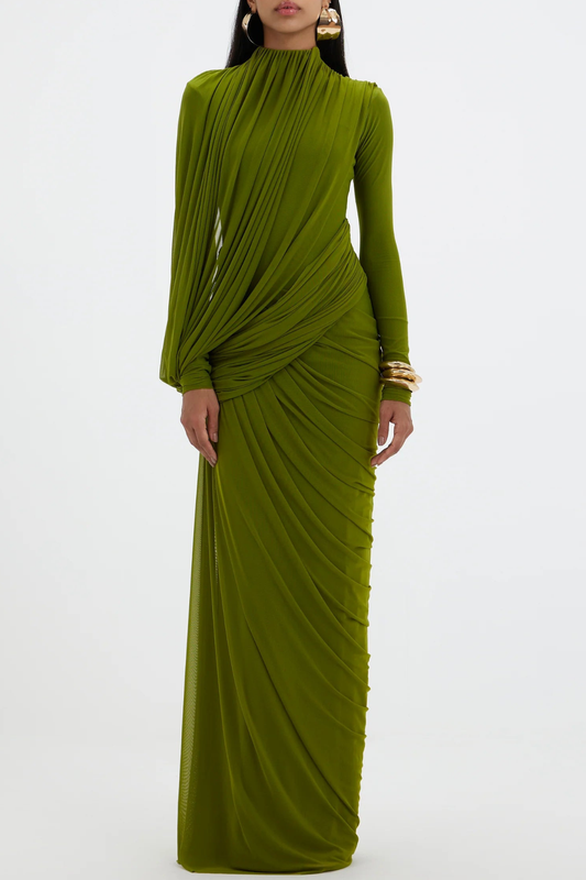 Miyako Asymmetric Ruched Maxi Dress - Green