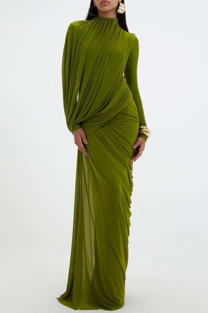 Miyako Asymmetric Ruched Maxi Dress - Green