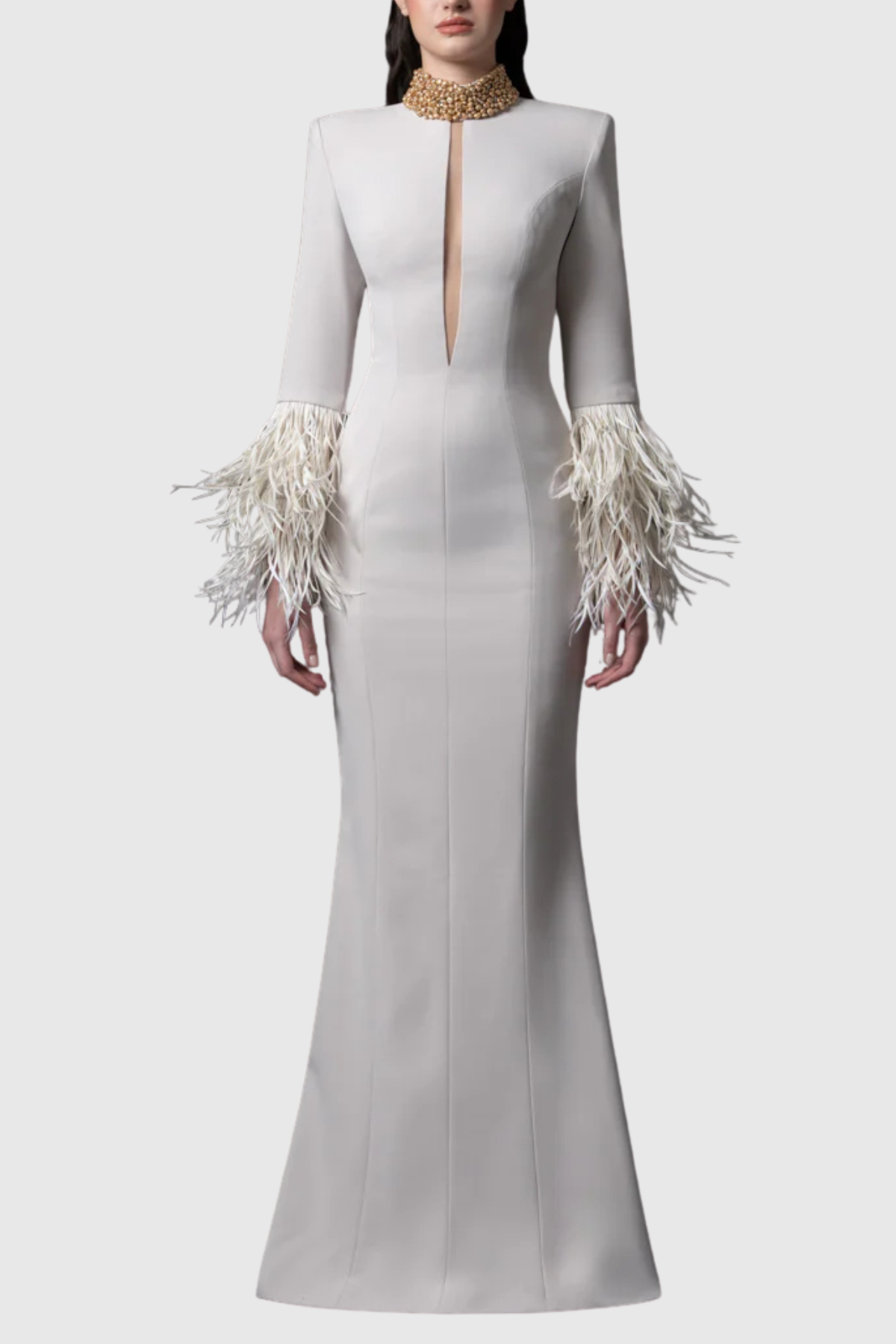 Moana Beaded Collar Cutout Feather Maxi Dress