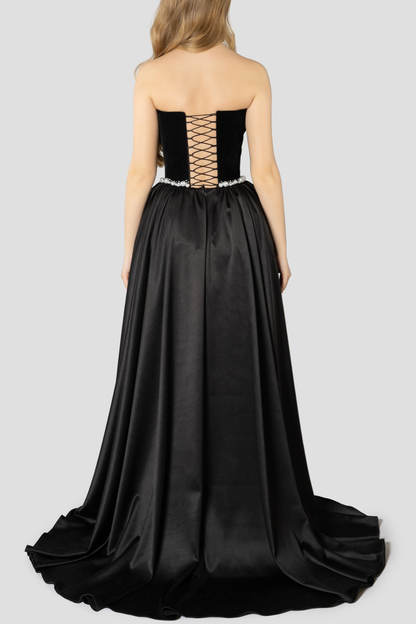 Moloka Strapless Velvet Pearl Embellished Maxi Dress - Black
