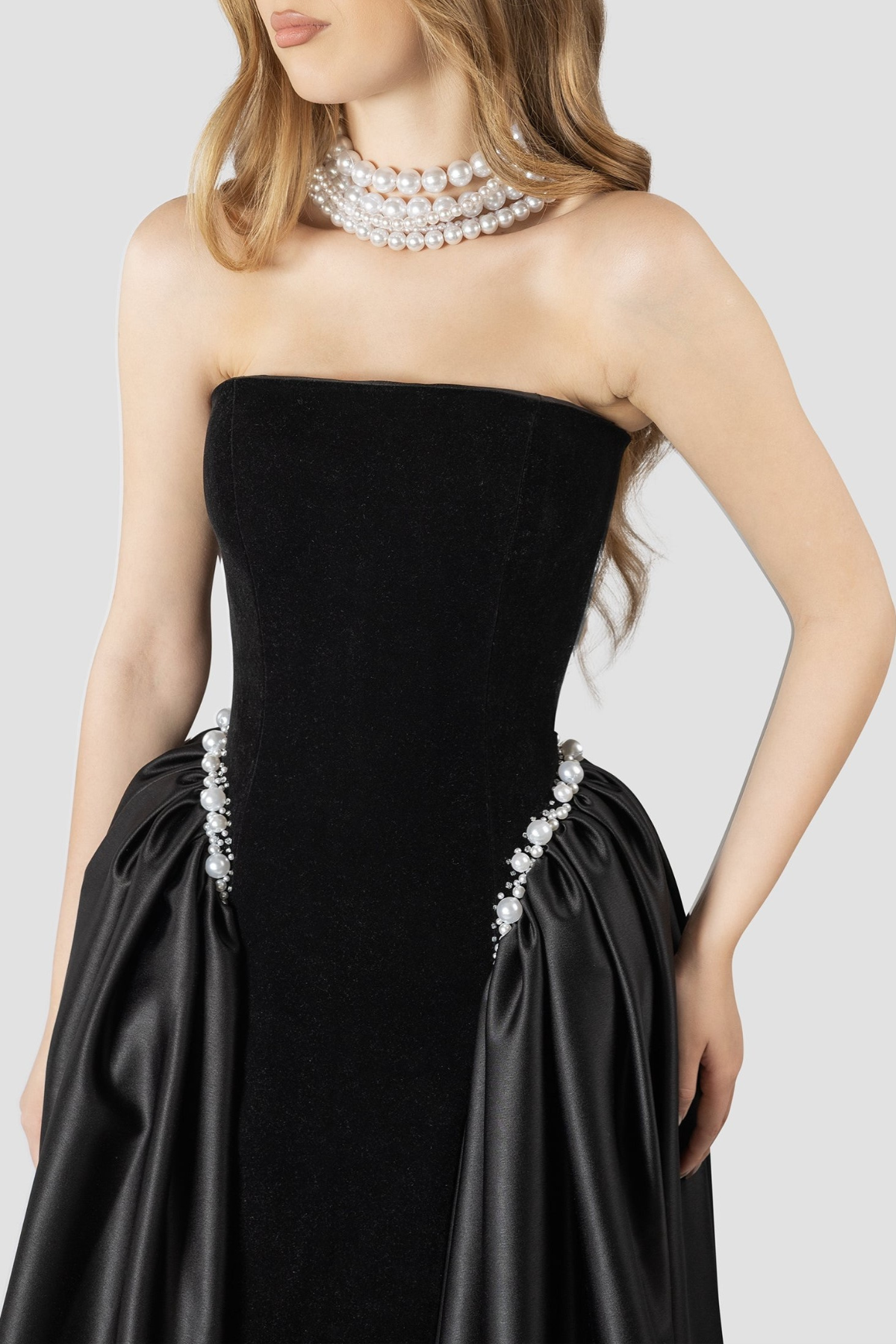 Moloka Strapless Velvet Pearl Embellished Maxi Dress - Black